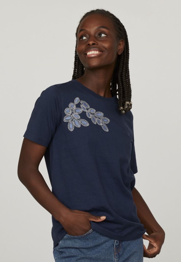 17463 HEKA-SS T-Shirt met Geboruurd Detail - Navy