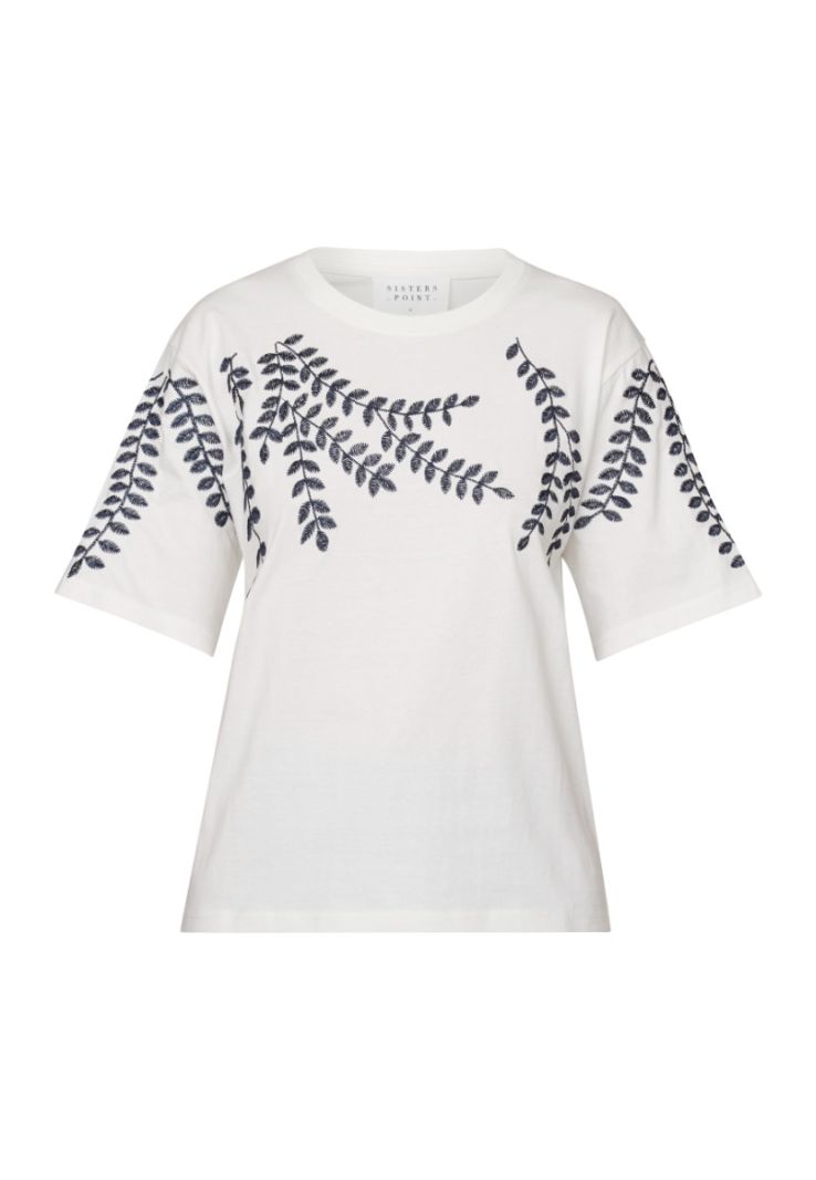 17571 Heda Loose Ss3 T-Shirt met Borduursel - Creme/Navy