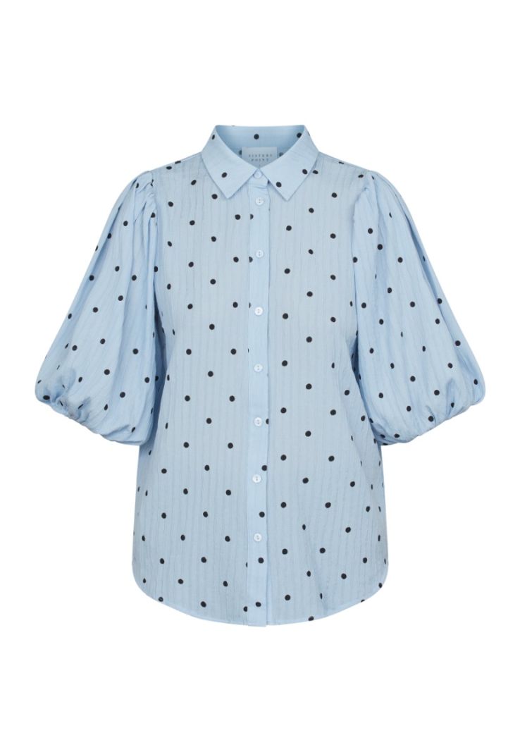 17830 ELLA-SH49 Blouse met Dots - Licht Blauw/Zwart