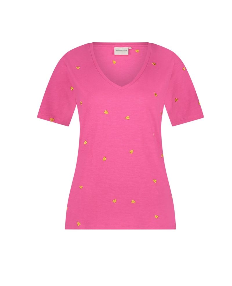 CLT-304-TSH-SS24 Phil V-Neck Orange Heart T-Shirt - Hot Pink