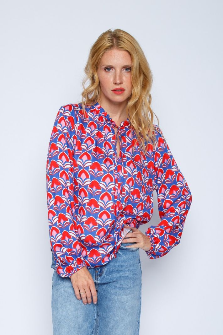 8155-154816 Blouse met Retroprint - Blauw/Rood