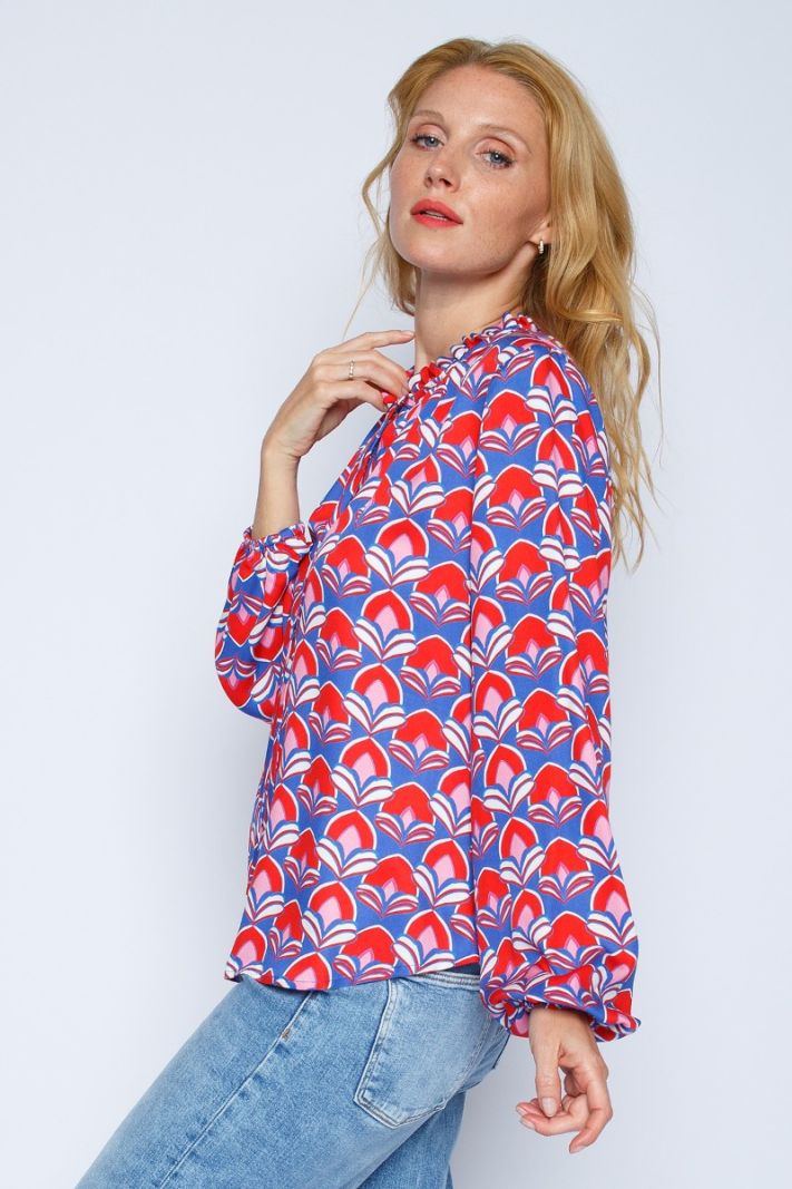 8155-154816 Blouse met Retroprint - Blauw/Rood