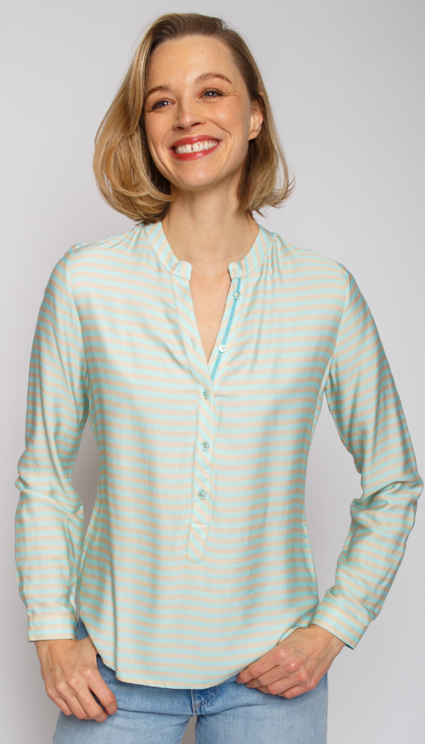 8454-155980 Gestreepte Blouse - Zand/Turquoise