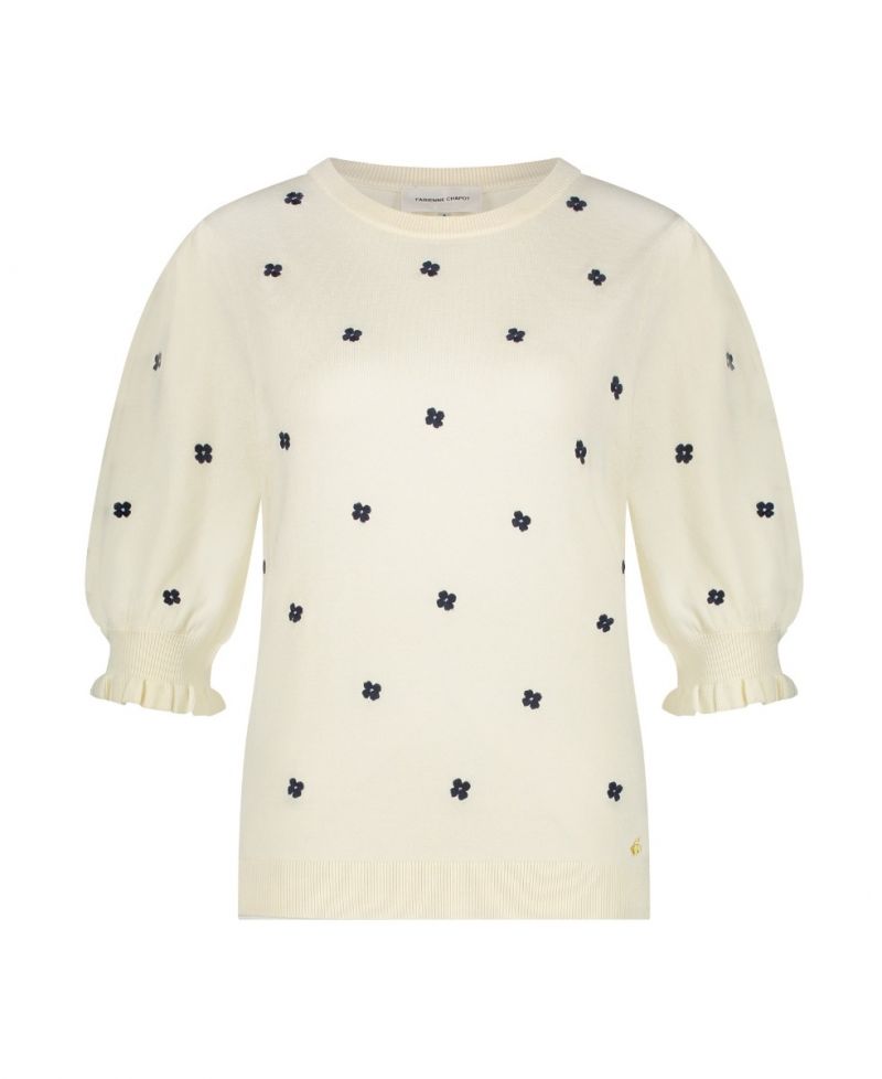 CLT-194-PUL-SS23 Holly Embro Pullover - Cream White/Navy Flower Embro