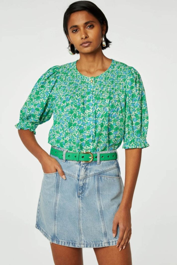 CLT-27-BLS-SS24 June SS Blouse - Green Apple/Blue Dream