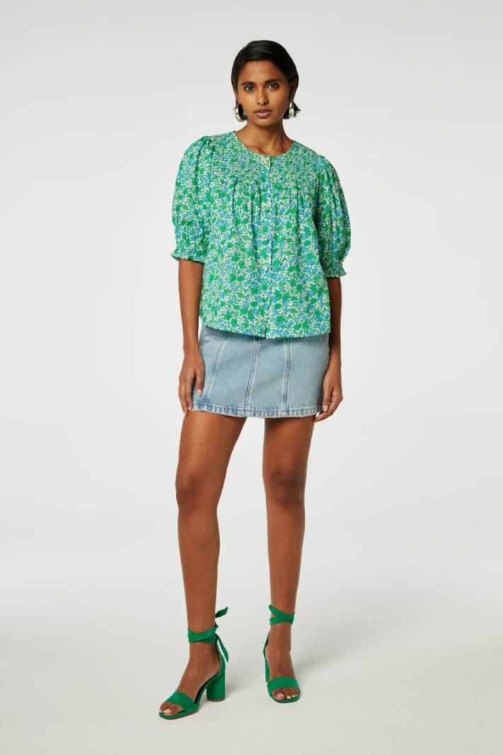 CLT-27-BLS-SS24 June SS Blouse - Green Apple/Blue Dream