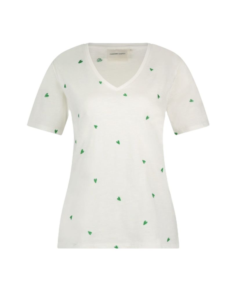 CLT-294-TSH-SS24 Phil V-Neck Green Heart T-Shirt - Cream White