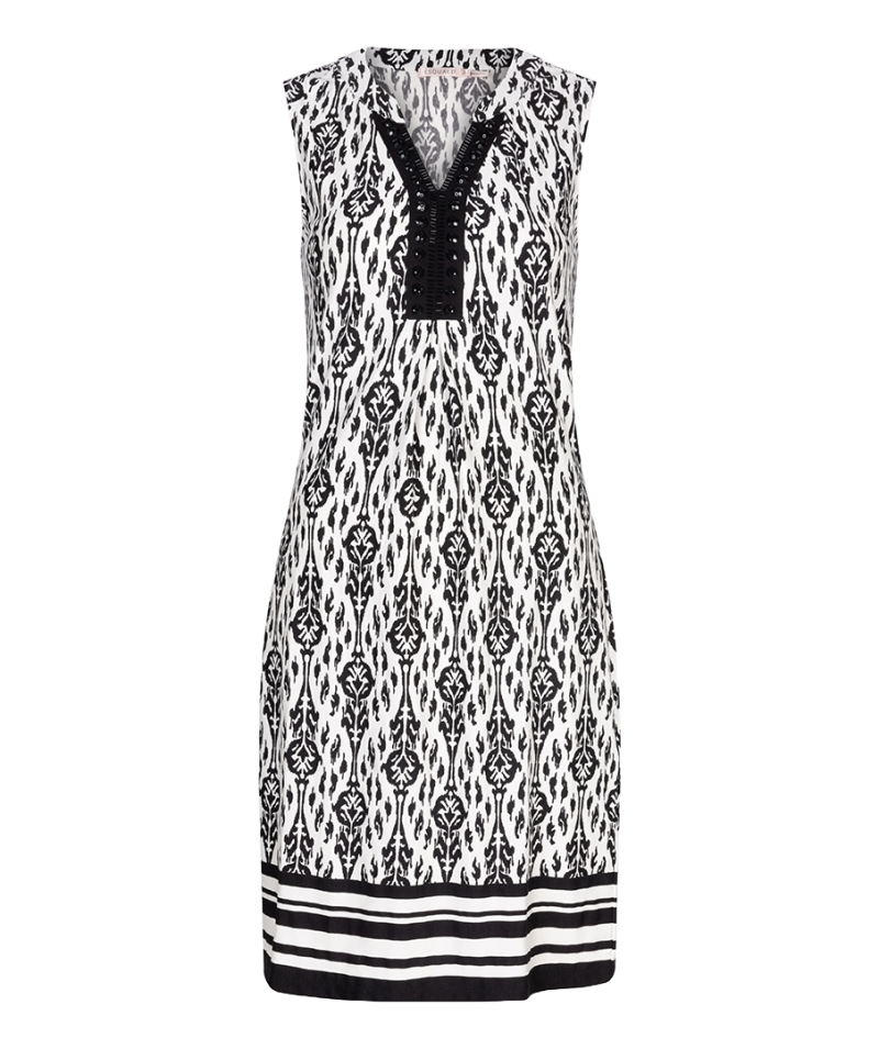 HS24.30233 Mouwloze jurk met Ikat Print - Wit/Zwart