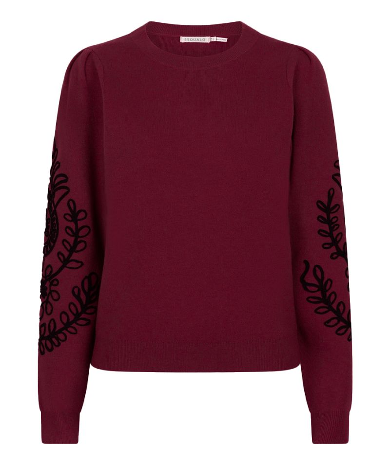 F24.07510 Pullover met Geborduurde Mouw - Wine Red