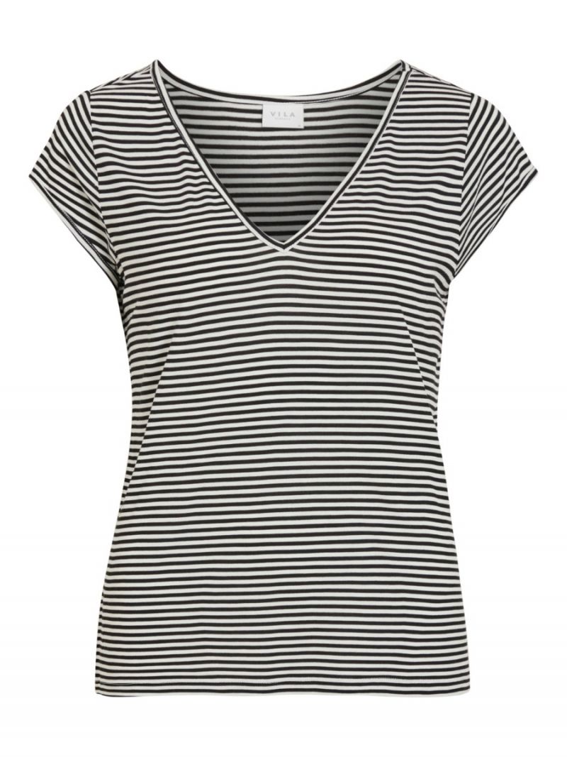 Basic T-Shirt Streep met V-Hals - Zwart