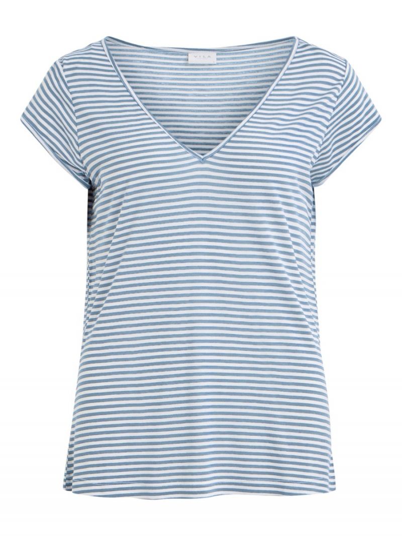 Basic T-Shirt Streep met V-Hals - Licht Blauw
