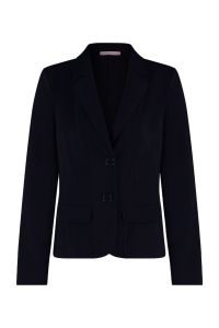 Getailleerde blazer van stevige travelstof met schoudervulling, reverskraag, twee knopen en faux klepzakken van het merk Studio Anneloes in de kleur donker blauw.